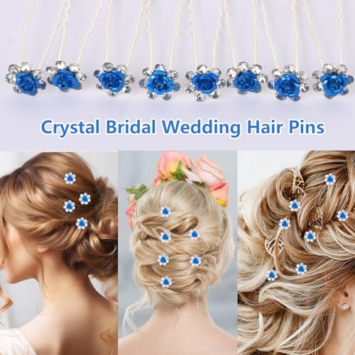 UHONEMY 25pcs Bridal Wedding Hair Pins with Crystal Rose Flower Crystal Diamante Rose Flower Rhinestone Hair Pins Hair Clips for Bridal Wedding Women Hair Jewelry Accessories (blue)
