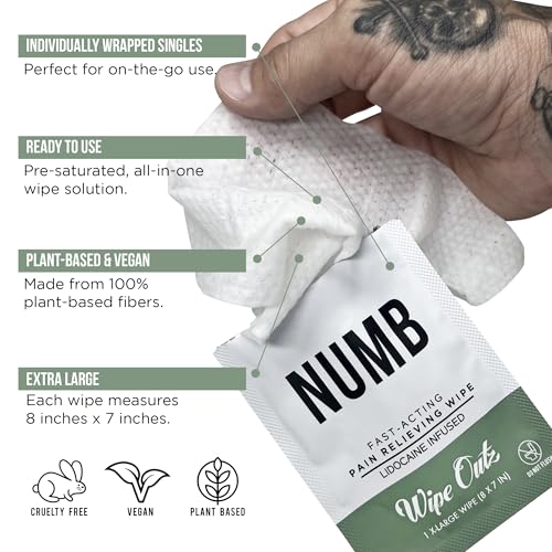 Wipe Outz NUMB Lidocaine Wipes - 3% Lidocaine Infused Tattoo Numbing Wipes - 8" x 7" (XL) Numbing & Cleansing Wipe for During and Tattoo Aftercare, Minor Cuts, Burns, Sunburns & Bug Bites (5 Pack)