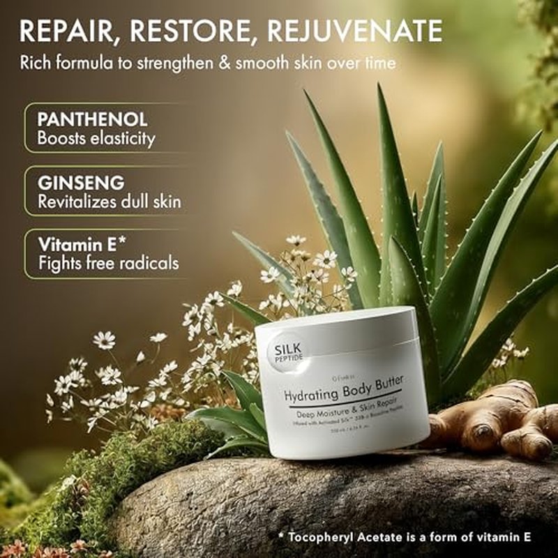 Hydrating Silk Peptide Body Butter - Lightweight Non-Greasy Moisturizer with Aloe Vera, Vitamin E & Herbal Extracts for Dry, Rough, and Sensitive Skin - Deep Nourishment Body Glaze & Hydration