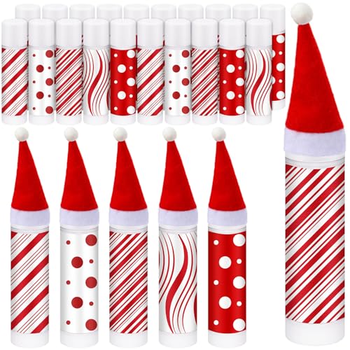 25 Set Christmas Peppermint Flavor Lip Balms Bulk 25 Pcs Candy Flavor Lip Balms & 25 Pcs Mini Santa Hats Cute Xmas Decoration Christmas Party Favor Stocking Stuffer Gifts for Coworker Staff Employee