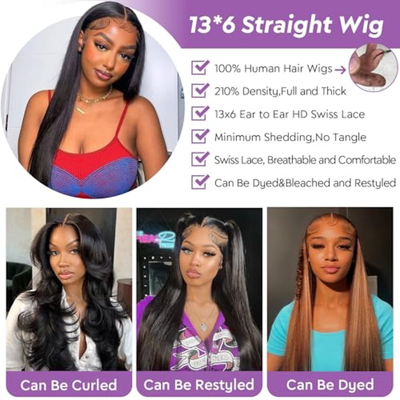 24Inch Straight HD Lace Front Wigs Human Hair Pre Plucked 210 Density 13x6 Glueless Bone Straight Human Hair Wigs For Black Women Transparent Lace Frontal Wig With Baby Hair