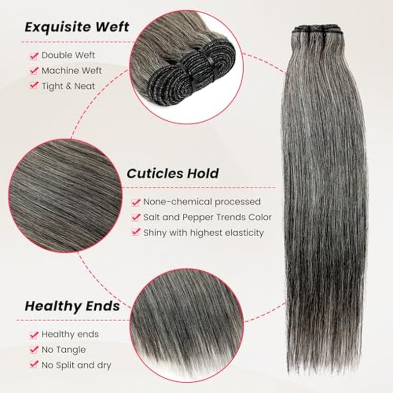 Salt and Pepper Human Hair Bundles Straight 14 14 14 inch Natural Gray Bundles Human Hair 12A Grey-White Quick Weave Hair Extensions Double Weft