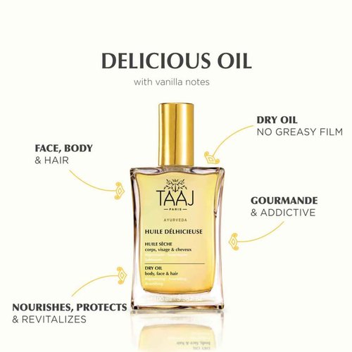 TAAJ | Délhicieuse Dry Beauty Oil | Face, Body & Hair | Nourishes, Protects & Revitalizes | Silky Skin & Repaired Hair | Ayurvedic-Inspired Skincare | 96% Natural Ingredients | Vegan | 1.7 fl oz