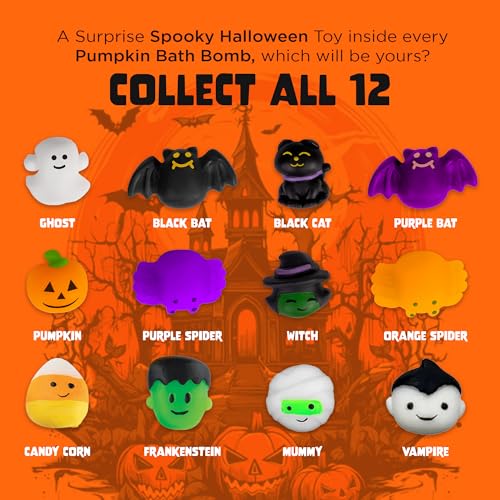 Halloween Bath Bombs for Kids with Surprise Halloween Toys Inside - Large Pumpkin Bath Bombs for Kids, Boys & Girls ? Spooky Boo Basket Stuffers for Kids - Made in USA Bubble Bomb by Two Sisters