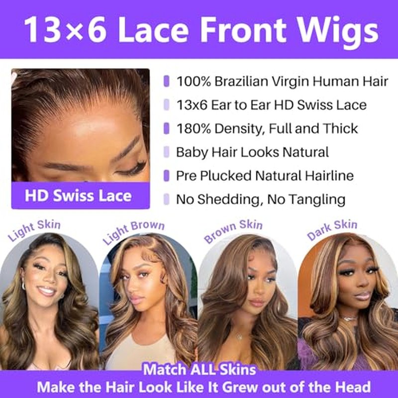 Honey Blonde Ombre Lace Front Wig Human Hair Highlight Body Wave 13X6 Lace Front Wigs 180 Density Glueless 4/27 Highlighted Human Hair Wig 26 Inch