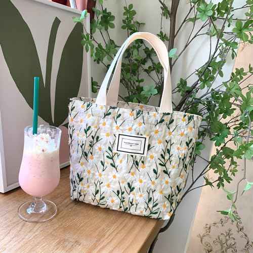 2PCS Small Tote Bag for Women Mini Canvas Embroidered Daisy Book Tote Bag Cute Corduroy Aesthetic Floral Reusable Bags for Grocery, Essentials, Water Bottle, Keys, Book, Bible