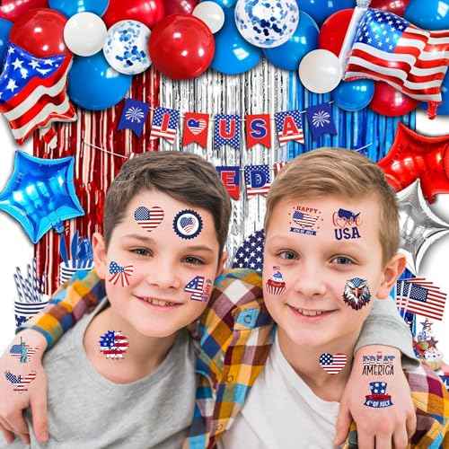50 PCS Fourth of July Temporary Tattoos for Kids, Red White and Blue Themed Tattoos for Birthday Party Supplies USA Flag Memorial Day Independence Day Labor Day Tattoo Stickers for Kids Boys Girls