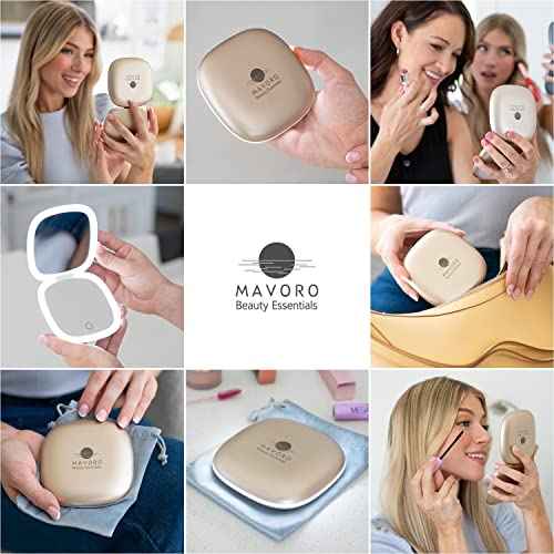 Mavoro LED Lighted Travel Makeup Mirror | 1x/10x Magnification | Rechargeable USB-C | Pocket & Purse Portable Lighted Travel Makeup Compact Mirror, Touch Sensor (Champagne Gold)