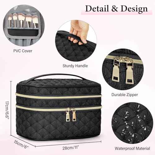 IGOLUMON Travel Makeup Bag Double Layer Make Up Bag Portable Large Cosmetic Bag Wide-open Toiletry Bag for Women Roomy Cosmetic Case Pouch Multifunction Organizer Storage Bag, Black