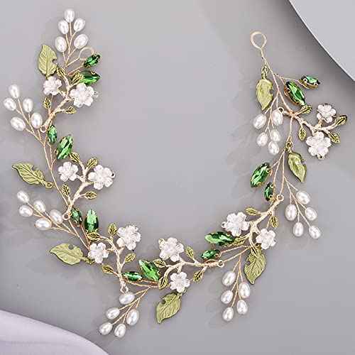 Bridal Cute Flowers Headband for Bride Bridesmaid Green leaf Crystal Hair Piece Beads Hair Vine