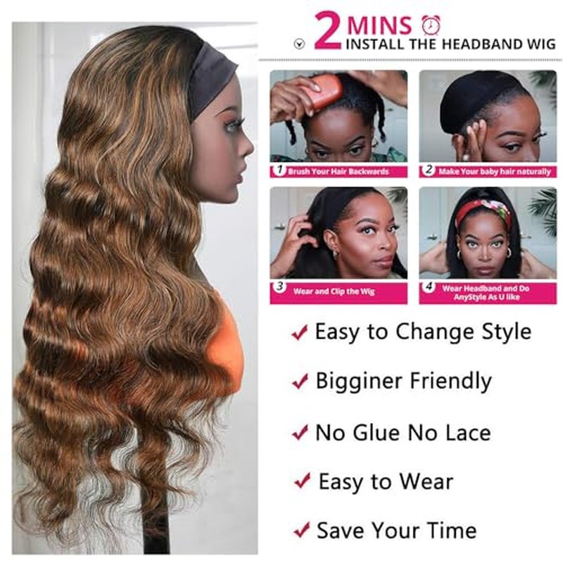 Headband Wig Human Hair Body Wave Highlight Ombre Headband Glueless None Lace Front Wig Brazilian Virgin Hair 24 Inch Wear and Go Wigs for Black Women 150% Density