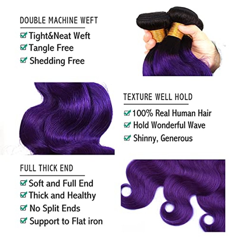 Purple Bundles Body Wave Human Hair Weave 3 Bundles Virgin Hair, Brazilian Remy Hair Ombre 1b/Purple 2 Tone Ombre Hair Wavy For Women(141618)