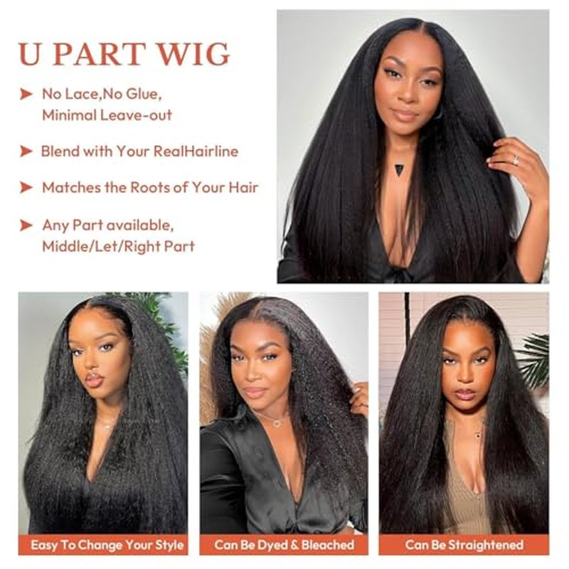 Selina Hair U Part Human Hair Wig Kinky Straight 24 Inch Brazilian Virgin Hair Half Wig Upgraded U Shape Clip in Remy Human Hair Wigs Yaki Straight Glueless Wigs Natural Black Color