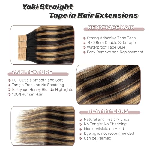 Tape in Hair Extensions Human Hair Yaki Straight Natural Black Hair Extensions Balayage Caramel Blonde Highlights Real Remyh Human Hair 22 Inch 50g/pack 20pcs Tape Hair Extensions for Black Women