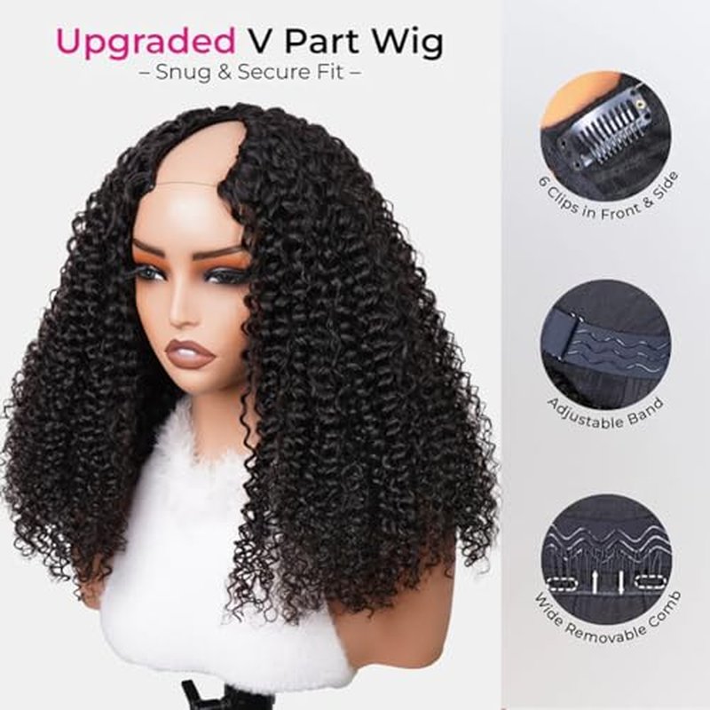 ISEE V Part Human Hair Kinky Curly Minimal/No Leave Out Upgrade U Part Wig for Black Women Human Hair V Shape Wig Kinky Curly Thin Part Glueless Clip In Half Wig 180% Density Natural Color 16 Inch