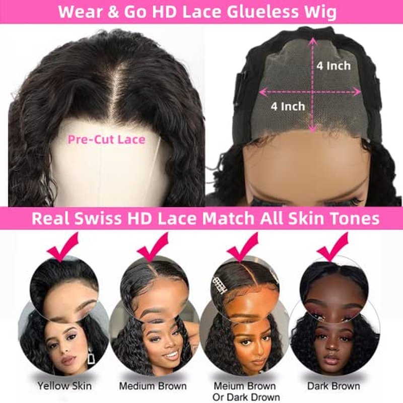 Glueless Wigs Human Hair Pre Plucked Pre Cut Deep Wave Lace Front Wigs 4x4 Closure Wigs 150% Density Natural Black Color (26 Inch)