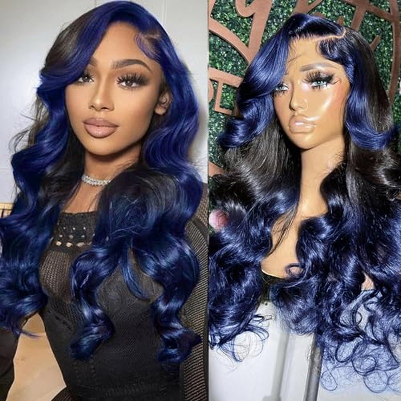 YMS Blue Lace Front Wig Human Hair 180% Density Dark Blue Real Hair Wigs for Women Bleached Knots Ombre Glueless Wigs Pre Plucked with Baby Hair 18 Inch Body Wave Colored 13x4 Lace Frontal Wig