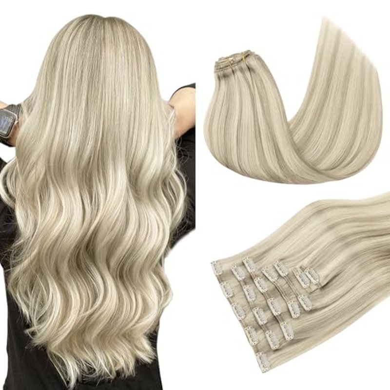 MAXITA Clip in Hair Extensions Real Human Hair, 18 Inch 7 pcs Ash Blonde Highlighted Platinum Blonde 80g, Extensions Clip ins for Woman