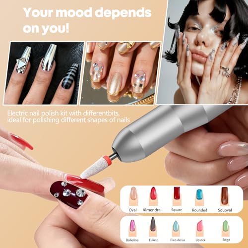 Professional Nail Drill Electric File, GEEZO 55000RPM Portable Cordless Nail Drill Machine with Bits, Rechargeable E File for Acrylic & Gel Nails, Manicure & Pedicure Tech Tool for Home Salon (White)