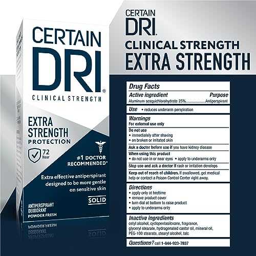 Certain Dri Extra-Strength Clinical Solid Antiperspirant - 72-Hour Sweat & Odor Protection for Hyperhidrosis - Maximum-Strength - Powder Fresh Scent - 1.7 oz