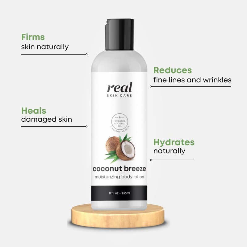 Real Skin Care Organic Body Lotion 8oz - Lightweight & Non-Greasy, Coconut Oil & Jojoba - Moisturizer for Dry & Sensitive Skin, Reduce Fine Lines and Wrinkles - Paraben Free Natural Body Lotion