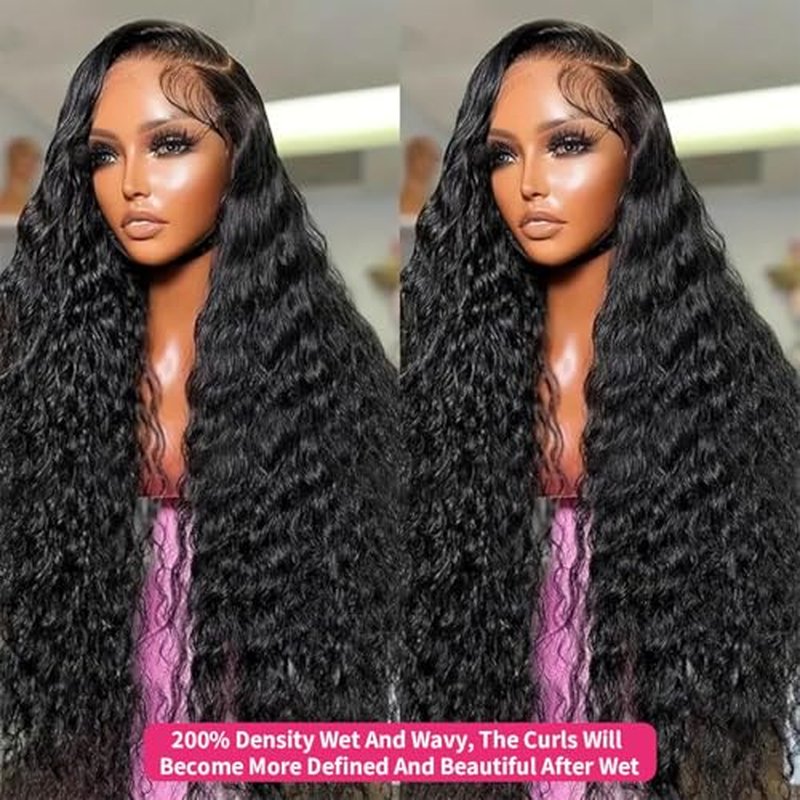 20 Inch 13x6 Lace Front Wigs Human Hair Water Wave 200 Density 13x6 HD Full Lace Frontal Wigs Pre Plucked Wet and Wavy Glueless Deep Curly Human Hair Wigs for Women Natural Black
