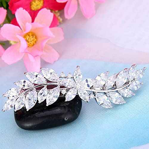EVER FAITH Women's Wedding Barrettes CZ Marquise-Shaped Hibiscus Flower Leaf Hair Styling Tools Accessories Clear Silver-Tone