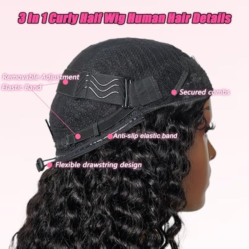 SENSAIRUITE Deep Wave Half Wig Human Hair Curly Half Wigs for Women - Upgrade Drawstring 3 in 1 Seamless Flip Over Glueless Wig 20-inch Natural Black