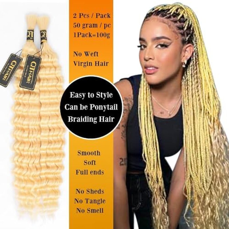 QTHAIR 16A Deep Wave Bulk Human Hair For Braiding(20Inch 100g)#613 Blonde 100% Unprocessed Brazilian Deep Wave Bundles Virgin Hair Extensions Two Bundles Micro Braiding