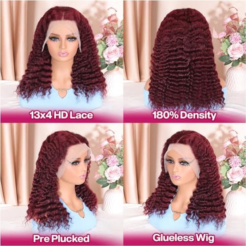 Hihmarm 99j Burgundy Deep Wave Lace Front Wigs Human Hair 13x4 HD Lace Frontal Wigs For Black Women Burgundy Lace Front Wigs Human Hair Pre Plucked 180% Density Red Curly Glueless Wig 16 Inch