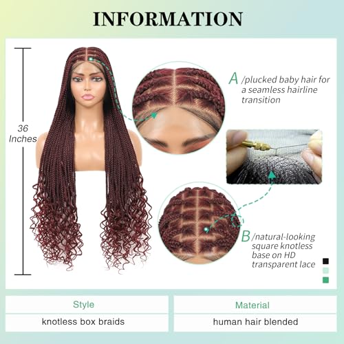 360¡ÆHD Full Lace Knotless Braided Wigs for Women Box Braid Wig with Baby Hair Premium Synthetic Natural Looking Burgundy Braided Lace Front Wigs 36 Inch