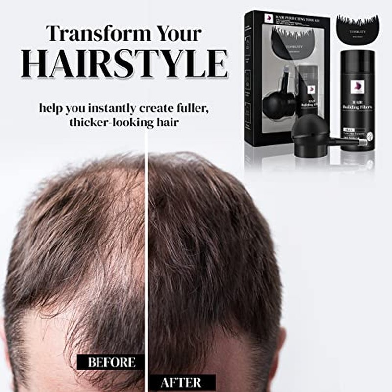 Hair Thickening Fibers & Applicator Set - Natural Long-Lasting Concealer for Fuller Hair, Thicker Beard & Crisp Hairlines (BLACK)