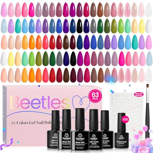 Beetles Fall Gel Nail Polish Set Vibrarnt Holiday 55 Colors Gel Polish Kit with 5 Bottles of Base Glossy Matte Top Coat UV LED Soak off Nail Polish Orange Brown Pink Green Blue Red Gifts for Women