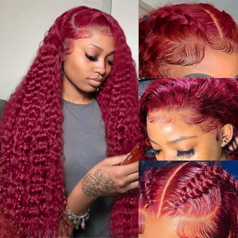 Burgundy Wig Human Hair 99j Burgundy 13x6 Deep Wave Lace Front Wigs Human Hair Pre Plucked HD Transparent Lace Frontal Wigs for Black Women Red Colored Wig 22 Inch
