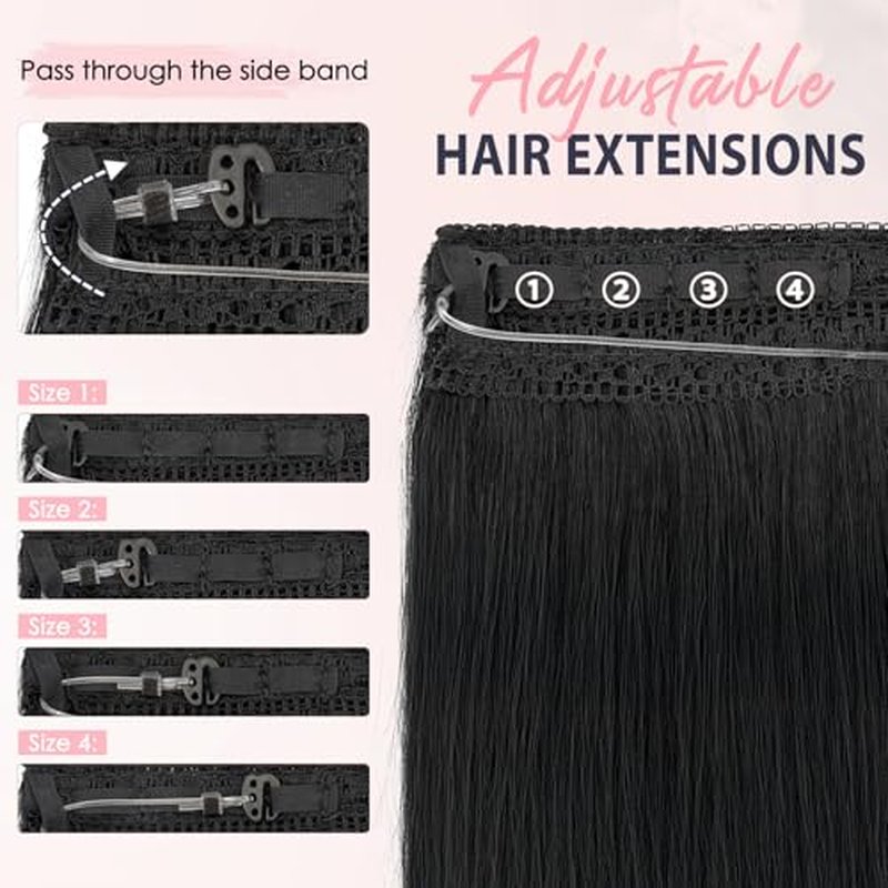 TESS Human Hair Extensions Halo Remy Hair 20 Inch Straight Adjustable Invisible Wire Easy to Use Clip in, Dark Black