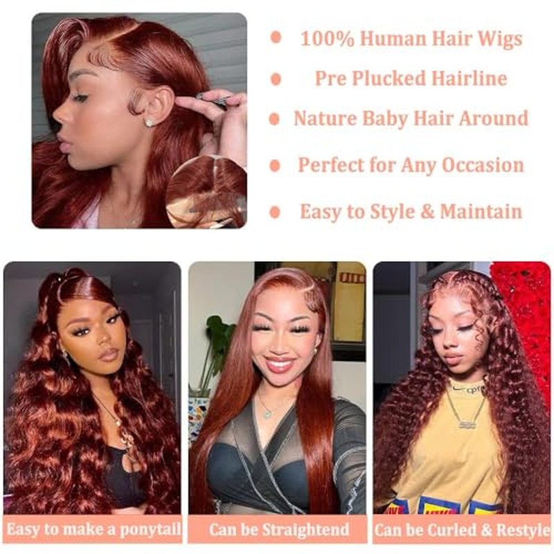 Reddish Brown Lace Front Wigs Human Hair Pre Plucked 13x6 Body Wave Lace Frontal Wigs Human Hair 16 Inch 180% Density Auburn Colored