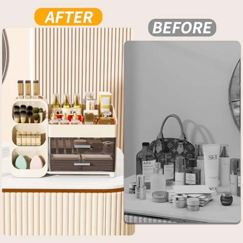 Makeup Organizer for Vanity,Vanity Organizer with Drawers and Brush Holder,Bathroom Make Up Organizer Countertop,Large Cosmetic Organizer for Skincare, Perfume,Lipsticks,Nail Polish (Cream)