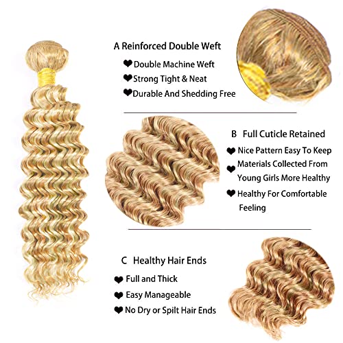 P27/613 Human Hair Bundle Blonde Deep Wave Bundle 613 Wet and Wavy Bundles 30 30 30 inch #27 and #613 Deep Curly Bundles