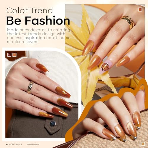 modelones Cat Eye Fall Gel Nail Polish Set 6 Colors Yellow Gold Orange Brown Nude Glitter 9D Cat Eye Gel Polish Halloween Maple Gel Polish with Magnet Soak Off Led Nail Art DIY Salon Gifts For Women