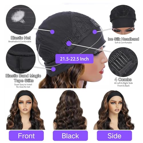 Fylora Ombre Headband Wig Human Hair Body Wave #4/27 Highlight 18 Inch Headband Wigs Human Hair Wigs for Black Women Brazilian Virgin Hair Wear and Go Glueless Wig None Lace Front Wigs 150% Density