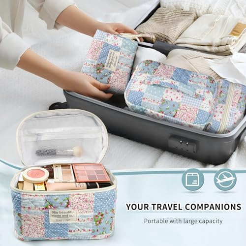 Cute Quilted Floral Makeup Bag(3Pcs)£¬Coquette Aesthetic Cosmetic Bag£¬Travel Toiletry Bags£¬ Kawaii Aesthetic pouch for Women (64-GridRose)