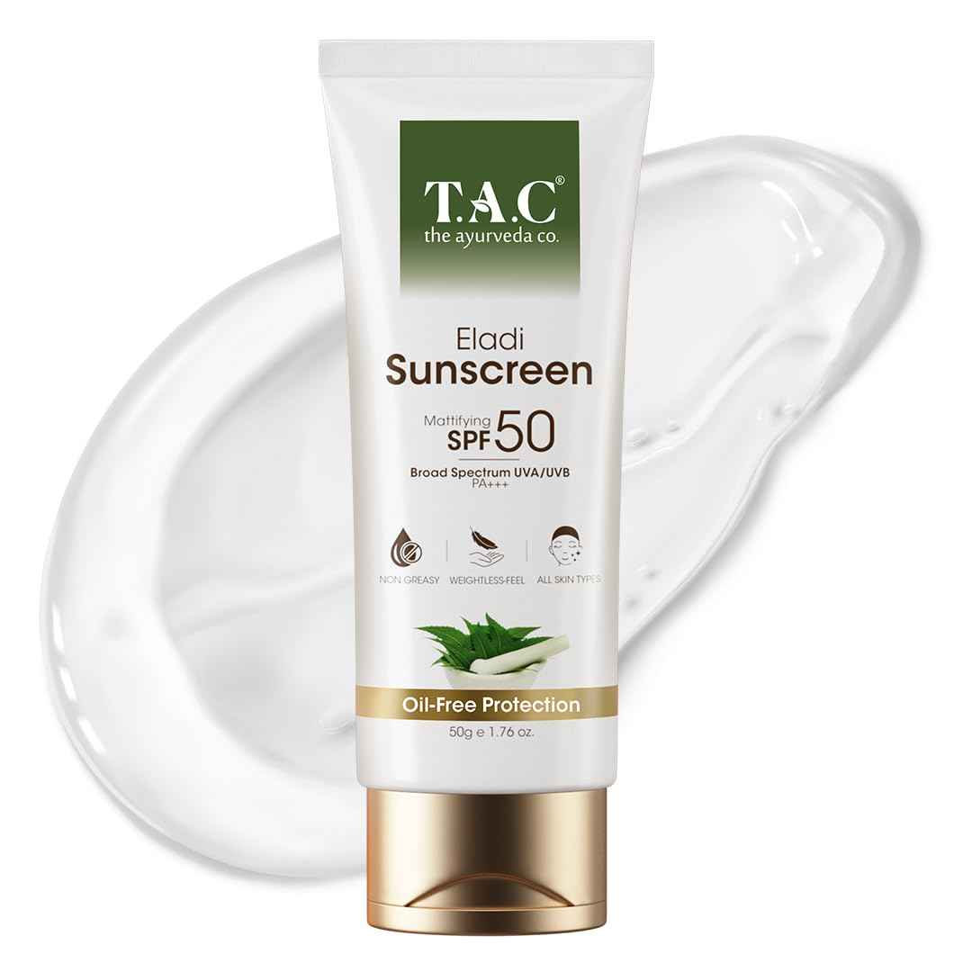 TAC - The Ayurveda Co. Sunscreen SPF50 PA++ for UVA & UVB Sun Protection with Eladi, Triphla & Hemp Seed, Protect & Anti Tan, Sheer Hydration, Clean Feel, Quick Drying & Water-Resistant 80gm