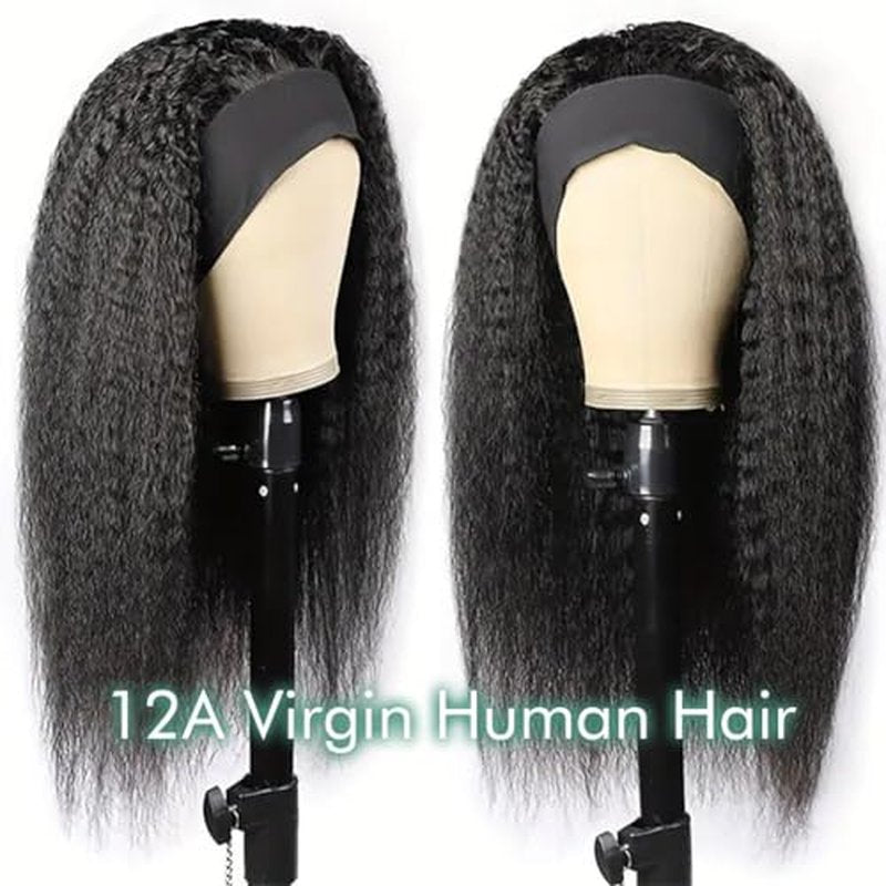 Zealady Human Hair Headband Wig For Black Women Kinky Straight Headband Wig 12A 180 Density Yaki Straight Human Hair Wigs With Headband Attached Half Wig 22 Inch