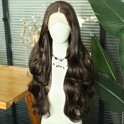 SAPPHIREWIGS Dark Brown Long Wavy T-Part Lace Front Wig For Women Natural Looking Heat Resistant Black Synthetic Hair Wigs 26inch