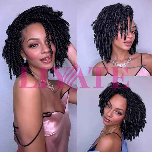 Spring Twist Hair - 8 Inch 6 Packs Spring Twists Crochet Hair for Women Black Synthetic Braiding Hair Low Temperature Fluffy Twist Hair Extensions, 1B