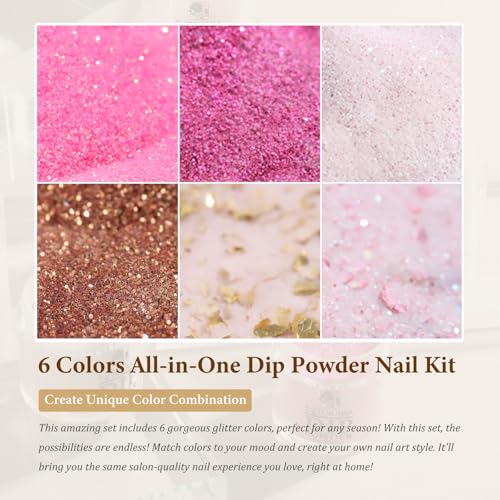 Dip Powder Nail Kit Starter, 6 Colors All Seasons Nude Pink Glitter Dipping Powder Set Nail Art Kit with French Dip Container for Women Manicure Design 19Pcs