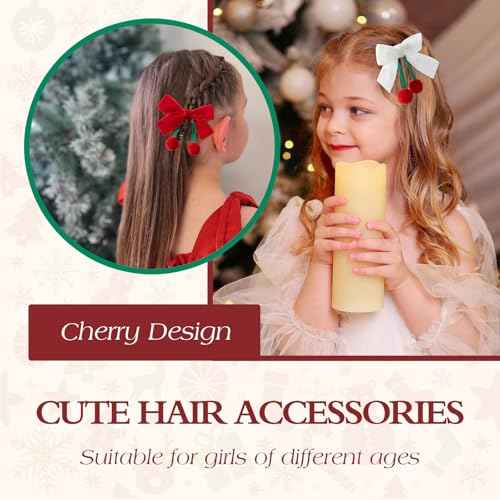 Bessrung 4 PCS Velvet Cherry Hair Bows for Girls, Bow Hair Clips, Red White Hair Ribbon with Alligator Hair Clips, Cute Girls Hair Accessories for Toddlers Kids Teens Christmas Gifts