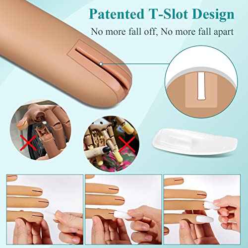 Practice Hand for Acrylic Nails, Nail Tips Never Fall Off Nail Practice Hands, Fingers Never Break Fake Hand for Nail Practice, Fexible Nail Hand Practice Mannequin Hand with 200 Pcs Nail Tips