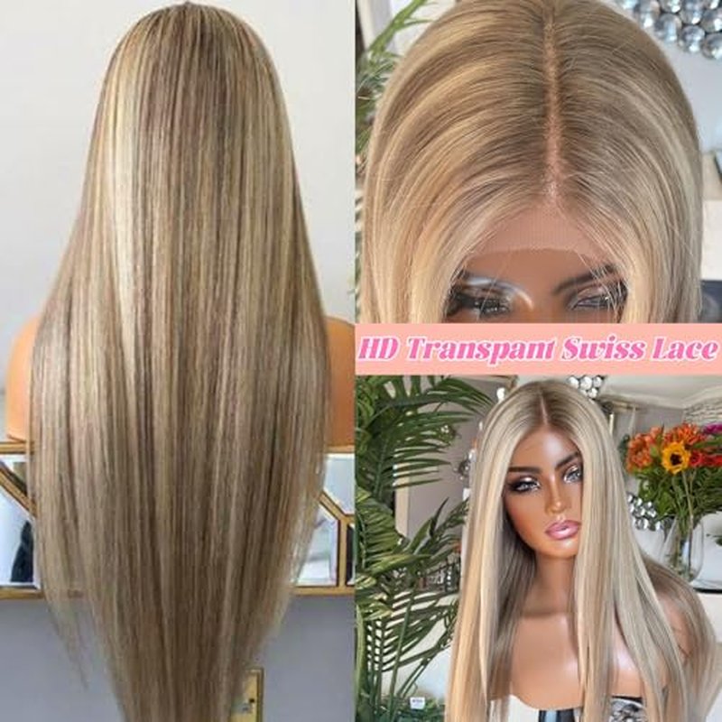 Highlight Colored Lace Front Human Hair Wigs 20Inch Ombre Ash Brown to Blonde Brazilian 150% Density Glueless Highlights 13x4 Transparent Lace Front Wigs Human Hair Pre Plucked for Women(#8/18/60)