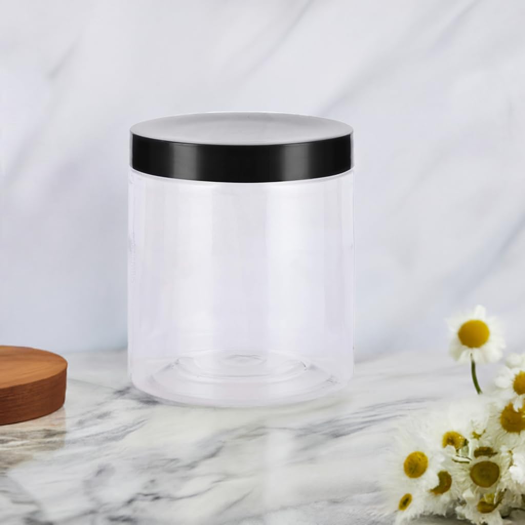 JUVITUS (12 pack) 16 oz Clear PET Plastic Jar with Black Smooth Lid + Labels Refillable Storage